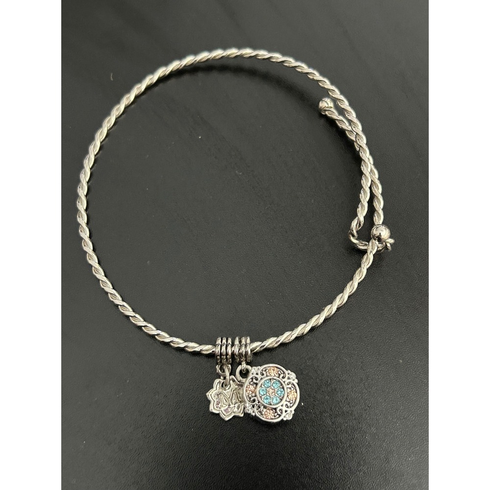 Bangle Bracelet Womens Silver Good Twisted Wire Crystal Charm Magnolia and Vine